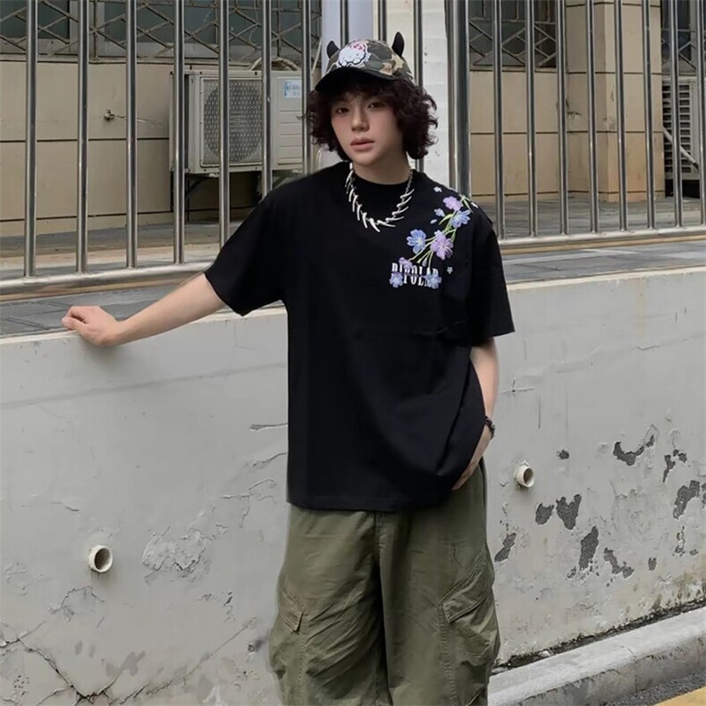 万针全刺绣解构设计260克重磅双纱纯棉高品质美式高街短袖T恤特39,男装T恤,电商A486-1