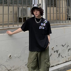 万针全刺绣解构设计260克重磅双纱纯棉高品质美式高街短袖T恤特39，男装T恤，电商A486-1