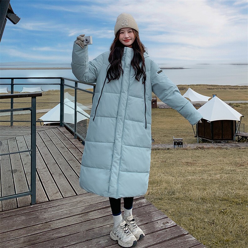 韩版保暖长款蓝色连帽棉服女2025年冬季新款显瘦加厚过膝棉衣棉袄图片