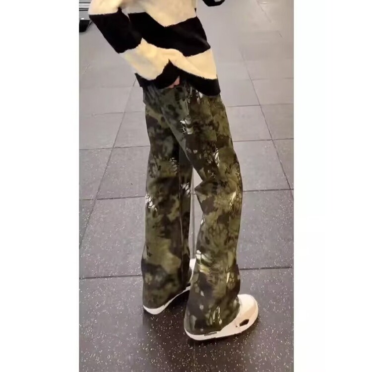 美式提裆迷彩蛇纹牛仔裤男款系皮带痞帅工装裤子显腿长直筒微喇裤,男装牛仔裤,星座218-8