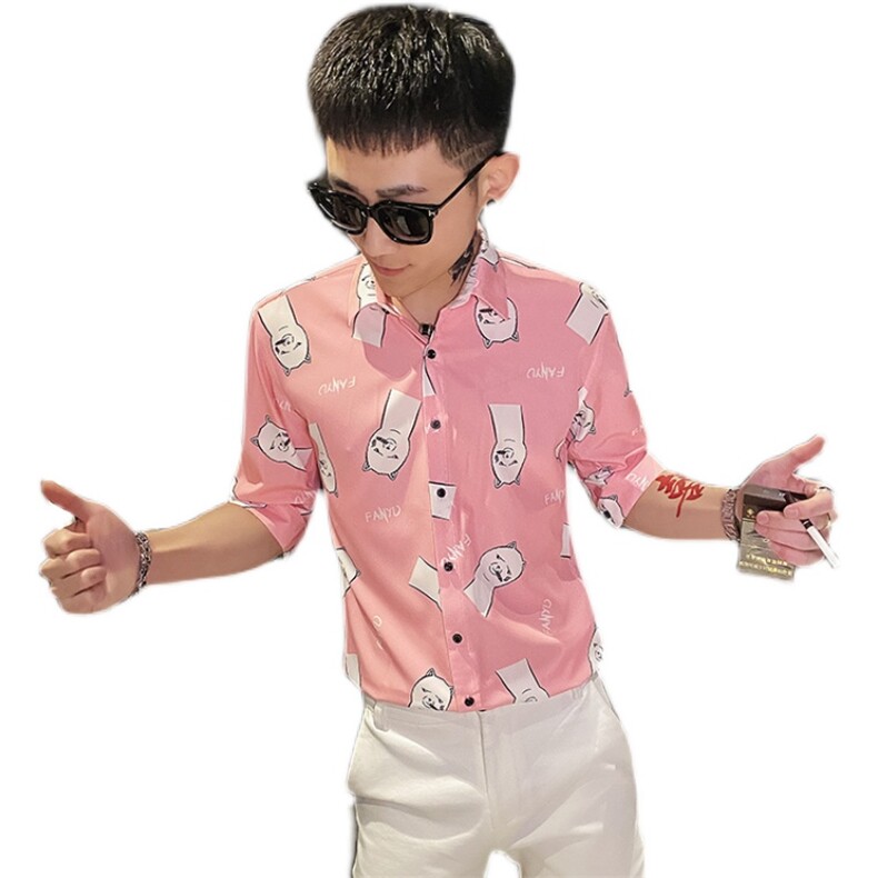 312A-112-P55新款社会小伙中袖衬衫韩版潮流男士五分袖衬衣A,男装T恤,星座312A-5