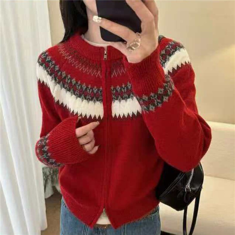 2026年秋季费尔岛提花拉链开衫，女装针织衫/毛衣，佳绒包芯纱店