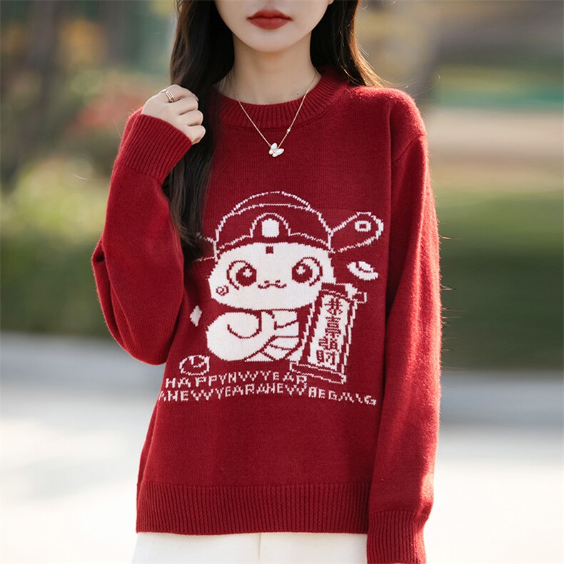 2025秋冬新款圆领刺绣毛衣女宽松显瘦新年红针织打底衫内搭上衣,针织衫/毛衣,佳绒包芯纱店