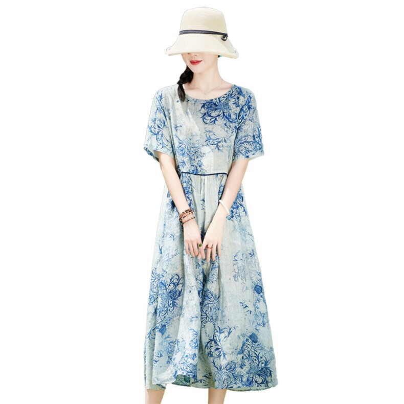 清仓夏季女装苎麻碎花连衣裙时尚复古文艺洋气减龄大码高端长裙子,女装连衣裙,辉之琳