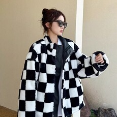 黑白棋盘羊羔绒外套男女秋冬季保暖加绒开衫设计感小众格子上衣，男装棉衣，星座601-2