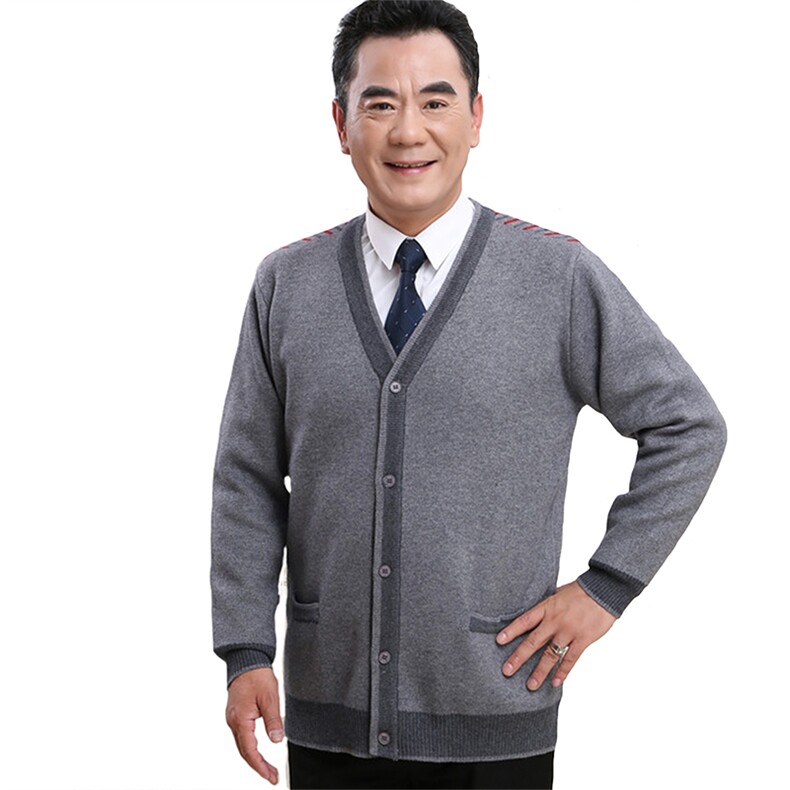 羊毛衫男开衫中老年人爸爸装红色毛衣加厚爷爷保暖外套V领针织衫,男装针织衫/毛衣,亚东羊绒制品