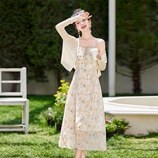 碎花连衣裙两件套2024年夏季新款高级感法式洋气减龄仙女裙套装女，女装套装/套裙，曼琳思菲