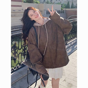 美拉德宽松bf慵懒风小皮衣女2025秋季新款美式设计感连帽拼接外套图片