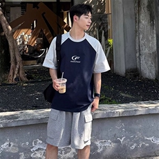 抖音得物高品质二开240克宽松纯棉美式潮牌插肩袖拼接短袖T恤，男装T恤，电商A486