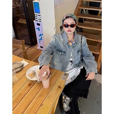 美式复古毛边牛仔夹克男女宽松时尚百潮牌搭破洞牛仔外套JA38-P75，男装工装外套，星座208-5