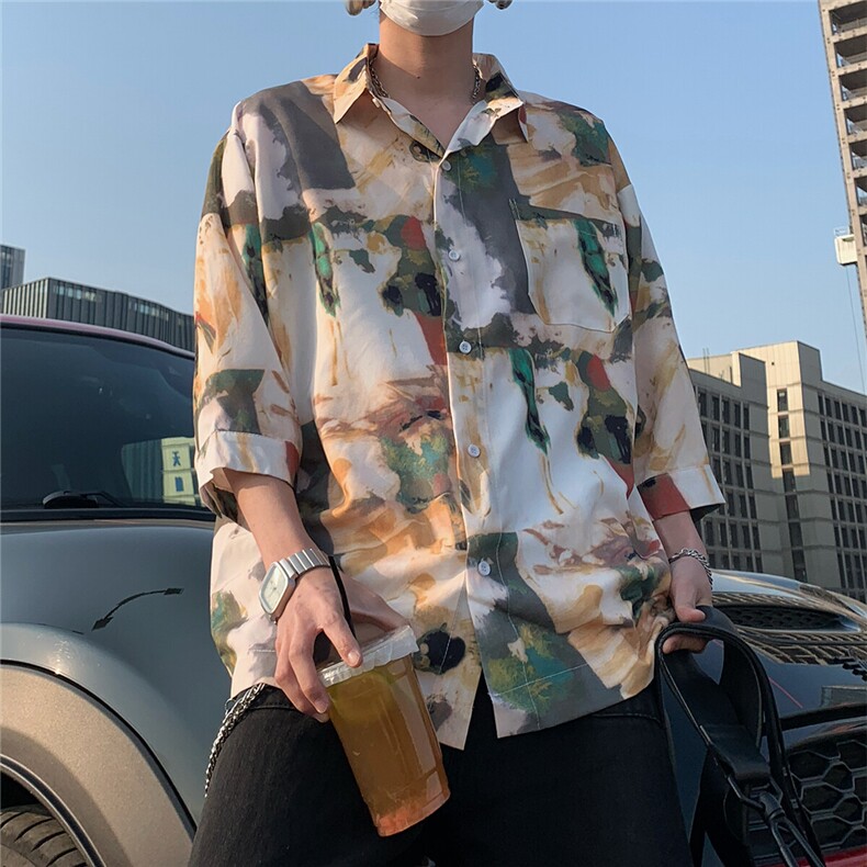 2026夏休闲水墨画冰丝凉感短袖五分袖半袖衬衫CS29/特P30卡其5,男装衬衫,电商A094