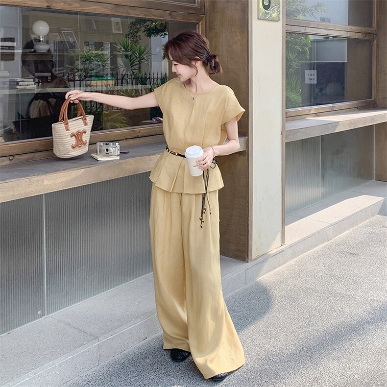 时尚休闲麻料套装女超好看2025年夏季新款飞飞袖上衣阔腿裤两件套,女装套装/套裙,2C301