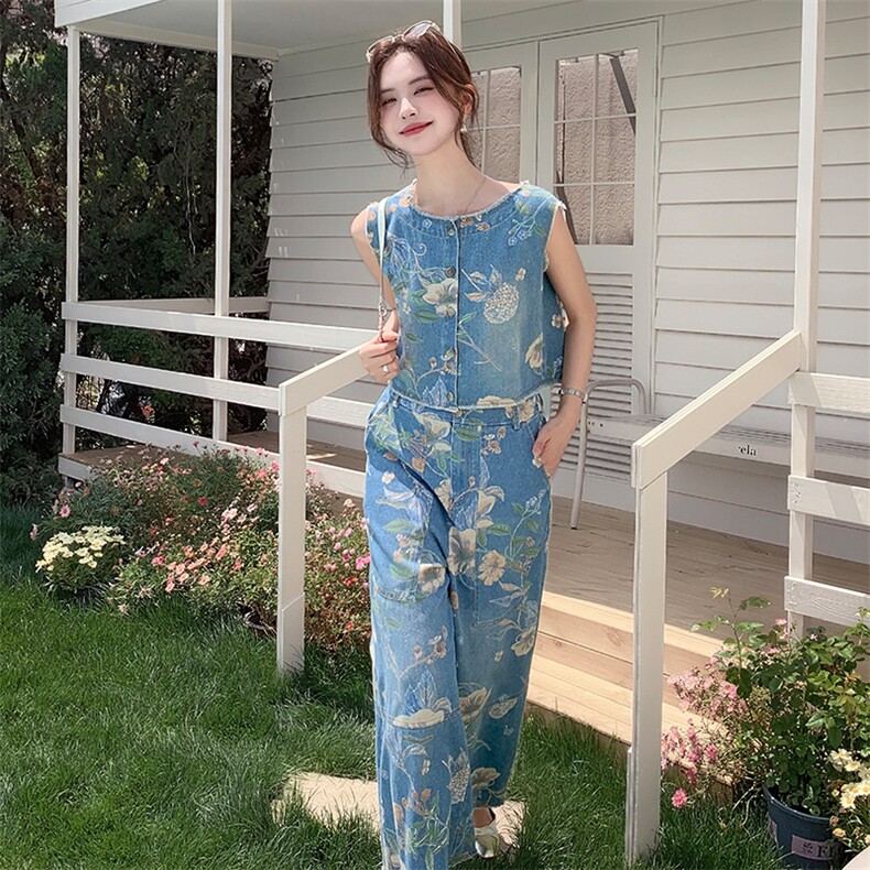 2025夏季新款时尚显瘦洋气减龄牛仔衬衫+阔腿裤两件套小个子马甲，女装套装/套裙，浙宝二楼003号