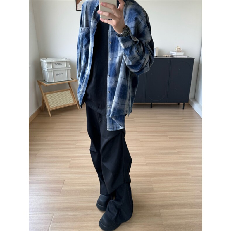 【有货】蓝色格子衬衫设计感高级感长袖衬衣美式复古S220LL-P45,男装衬衫,星座1007（原301D）