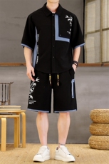 潮风套装男新中式短袖衬衫时尚休闲短裤两件套L1876-P58，男装牛仔裤，星座310B-3