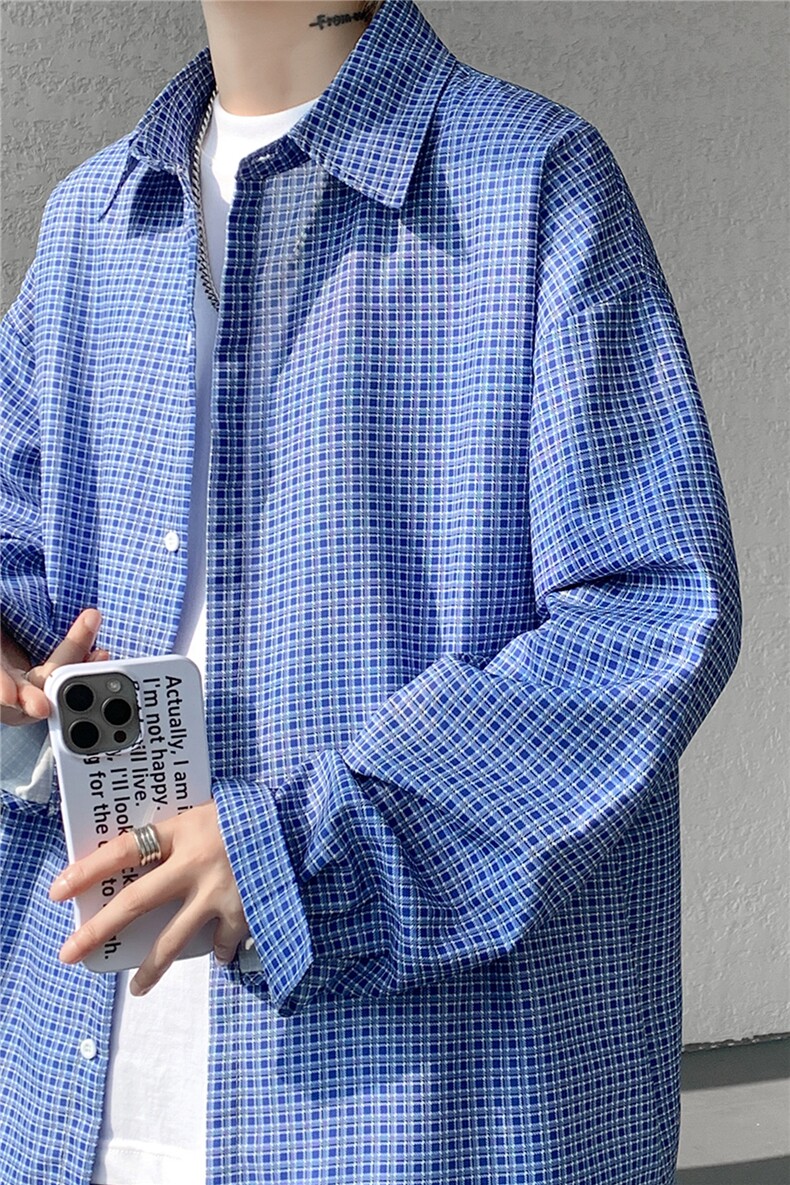 8XL-M长袖衬衫男春夏格子条纹衬衣宽松慵懒风防晒外套CS29005P45,男装防晒衣,电商B312