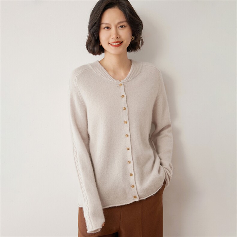 山羊绒开衫外套女立领单排扣慵懒风针织衫宽松毛衣,女装羊绒衫,雪山红莲