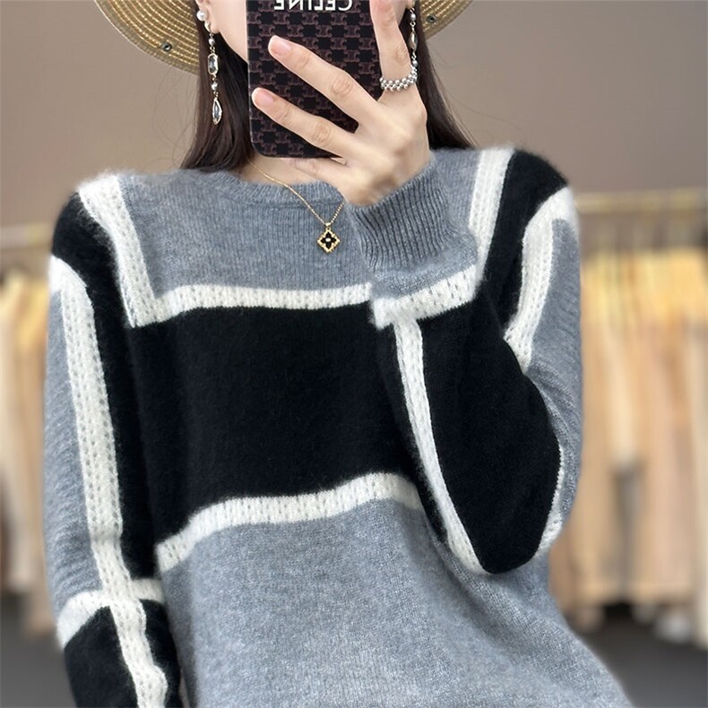 2025秋冬100%纯羊毛衫女圆领拼色复古长袖毛衣宽松羊绒针织打底衫图片