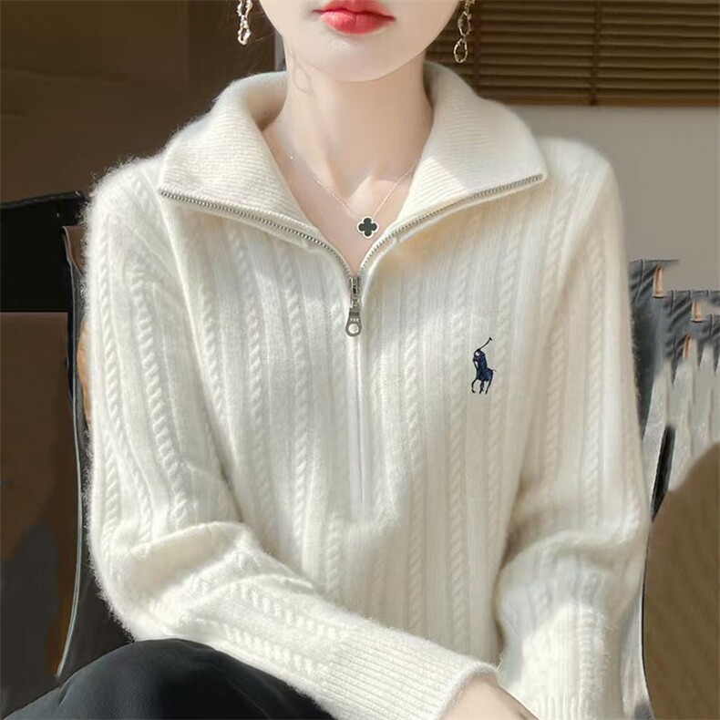 2025年秋季长袖套头小马刺绣半拉链时尚休闲百搭，女装针织衫/毛衣，萱芳婷羊绒