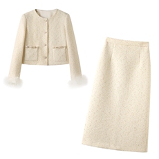 法式小香风90羽绒套装女2025年冬季新款轻奢高级感半身裙两件套，女装套装/套裙，韩宇舍