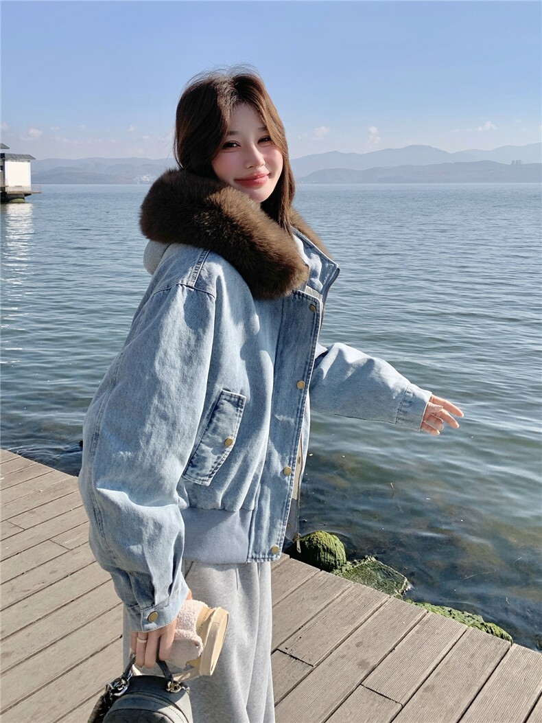 美式复古宽松加绒保暖羽绒内胆连帽牛仔外套女可拆卸毛领宽松夹克,女装羽绒服,艾米莉亚