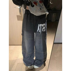美式复古字母印花牛仔裤男女秋季新款高街松紧腰阔腿直筒裤NZX54，男装牛仔裤，星座516A