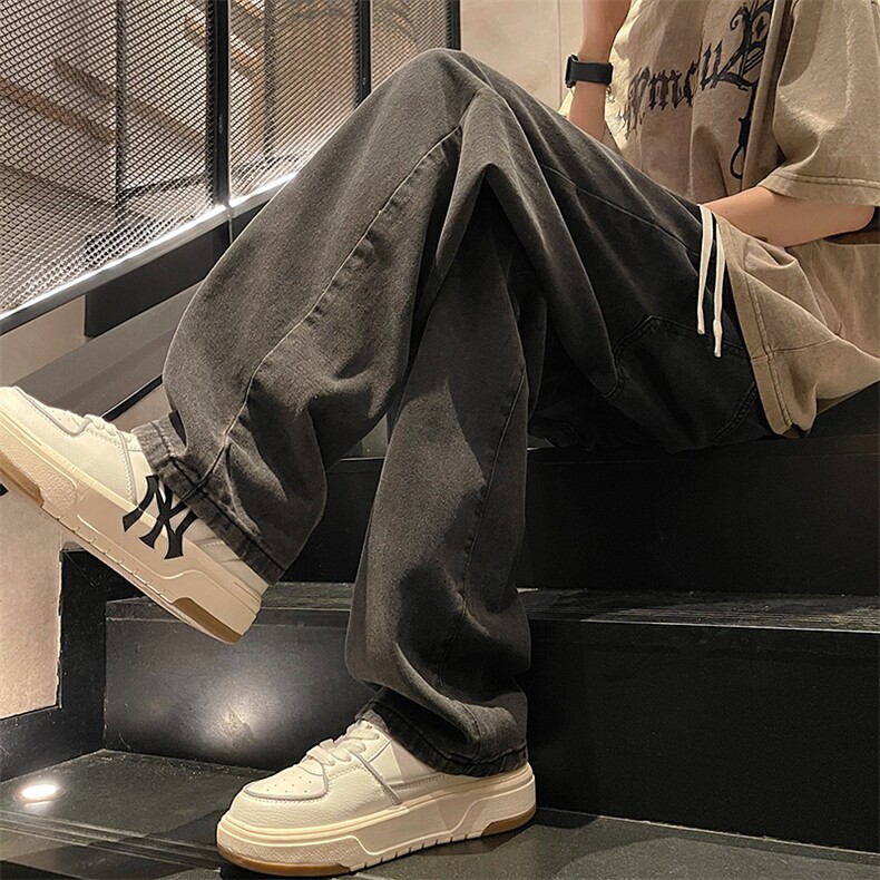 港风春季新款直筒牛仔裤男潮牌美式复古松紧系带长裤K8001-P28,男装牛仔裤,星座214-3