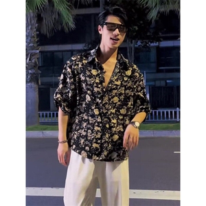 ins港风夏季短袖花衬衫男女复古痞帅夏威夷沙滩情侣宽松衬衣 C576图片