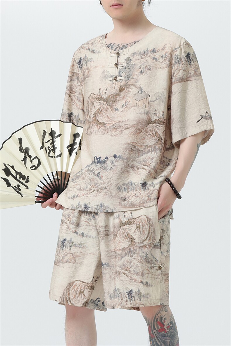 2025夏季新款男装风冰丝印花盘扣唐装套装短袖+短裤A102-P80,男装休闲套装,电商B277(原6028)