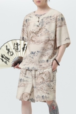 2025夏季新款男装风冰丝印花盘扣唐装套装短袖+短裤A102-P80，男装休闲套装，电商B277(原6028)