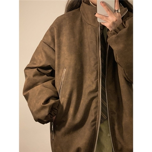 中性PU皮复古做旧双侧金属拉链夹克式加棉棉衣男MY77092P130控198图片