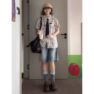 TC547-P45美式趣味小狗毛巾绣格子短袖衬衫夏季新款衬衣图片