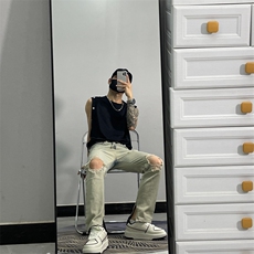 小个子美式hiphop水洗膝盖破洞牛仔裤男潮牌欧美高街JX525-P50，男装牛仔裤，星座1109-3