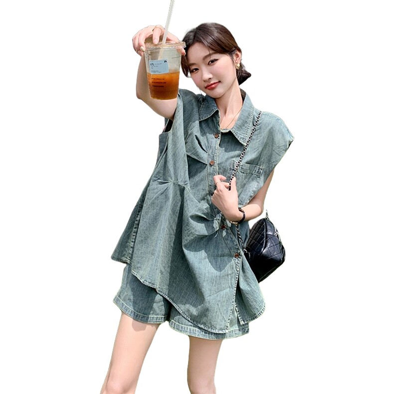 蓝色牛仔套装女小个子2025新款夏季新款韩版不规则衬衣短裤两件套,女装套装/套裙,2C166