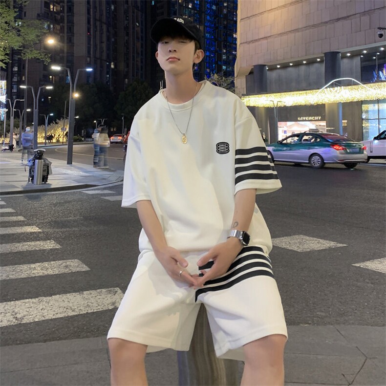 夏季新款潮流个性时尚三条杠休闲短袖套装男宽松大码运动情侣款，男装休闲套装，星座506