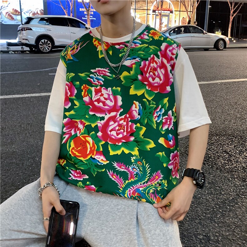 夏季大码东北大花布男背心坎肩运动马甲男装风民族牡丹花MJ01,男装背心/马甲,星座115A(原星座507）