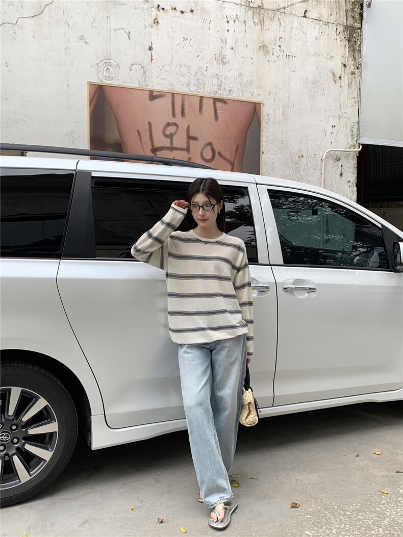 新款简约百搭条纹长袖针织女宽松休闲上衣,针织衫/毛衣,伟祺羊绒