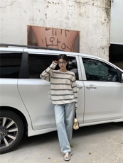 新款简约百搭条纹长袖针织女宽松休闲上衣，女装针织衫/毛衣，伟祺羊绒