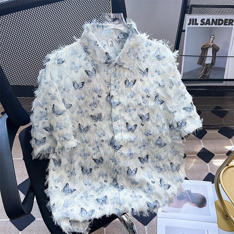 港风夏男短袖衬衫蝴蝶装饰流苏毛毛休闲衬衣CS520P45,男装衬衫,星座1013-1