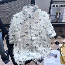 港风夏男短袖衬衫蝴蝶装饰流苏毛毛休闲衬衣CS520P45，男装衬衫，星座1013-1
