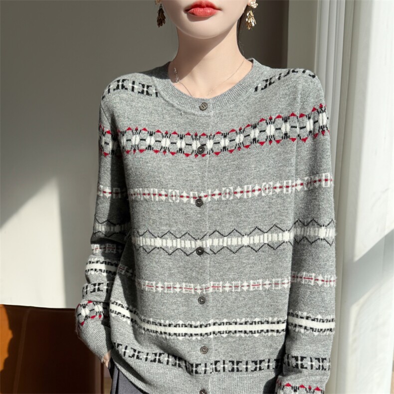 2025年秋季新款百搭女士长袖提花圆领羊毛开衫，女装羊毛衫，凯思米羊绒