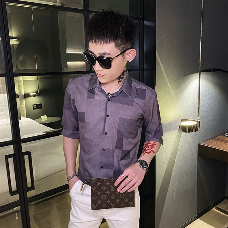312A-110-P55 新款社会小伙中袖衬衫韩版潮流男士五分袖衬衣A图片