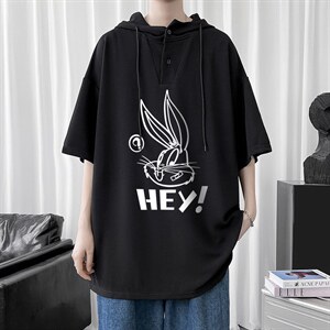LD54179-P45 连帽短袖t恤男大码胖子带帽五分袖中袖图片