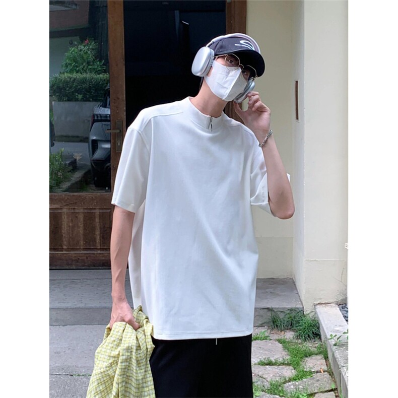 网图有货夏季宽松高级感白色半拉链设计感短袖t恤男A488-P38,男装T恤,星座1505