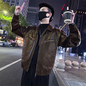 水洗皮衣男潮流翻领皮夹克上衣机车外套A368-P9819-P118图片