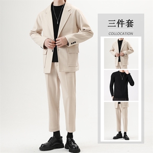秋冬新款男士毛呢西服套装痞帅三件套高级感轻熟风港风男装一套潮图片