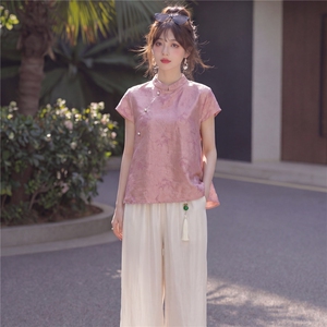 2026年夏季休闲风女优雅淑女通勤日常G风印花压皱新中式两件套图片