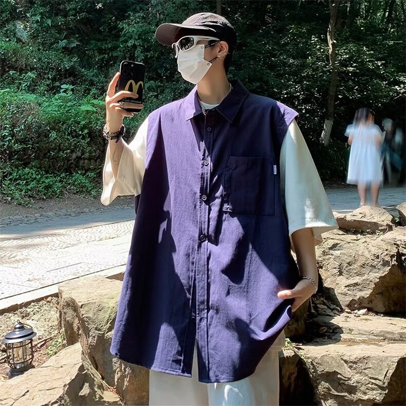RL5002-P40夏季假两件短袖T恤马甲日系复古潮牌男装休闲上衣坎肩,男装T恤,电商C233
