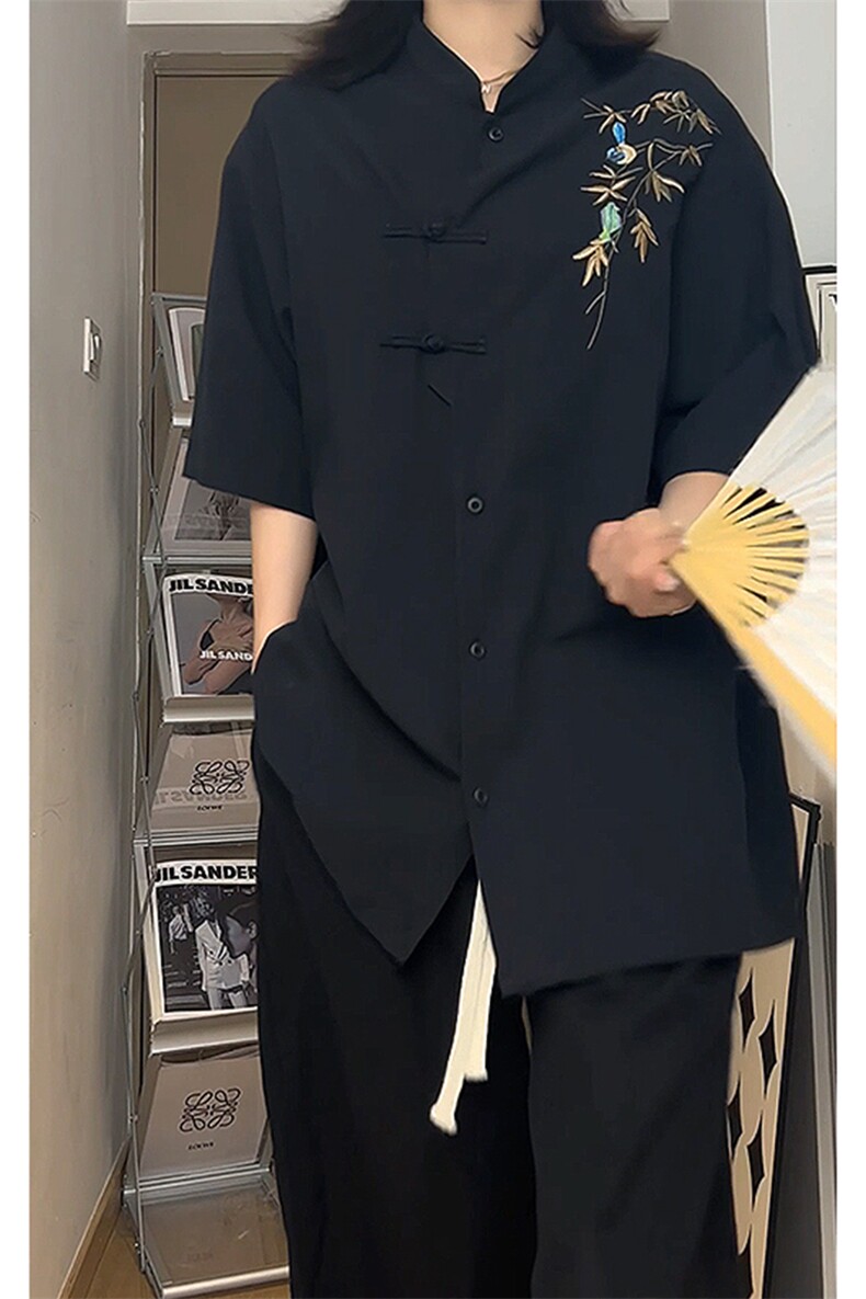 新中式风复古刺绣短袖T恤男立领盘扣风透气上衣T3521-特价P43,男装T恤,电商A007