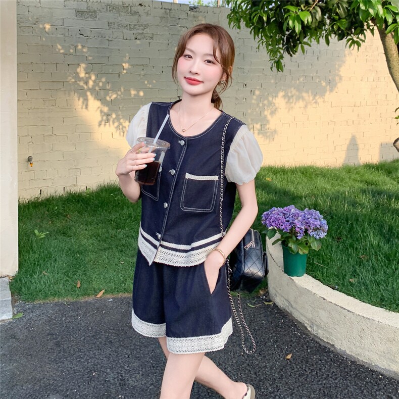 2025夏季新款时尚百搭蕾丝拼接牛仔上衣高腰显瘦短裤两件套套装女,女装套装/套裙,2C159
